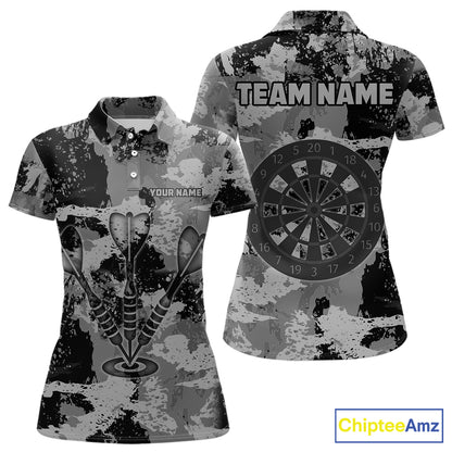 Custom Grunge Grey Camo Arrow Darts Shirts For Women, Retro Darts Jersey Team Polo & 1/4 Zip TDM5665