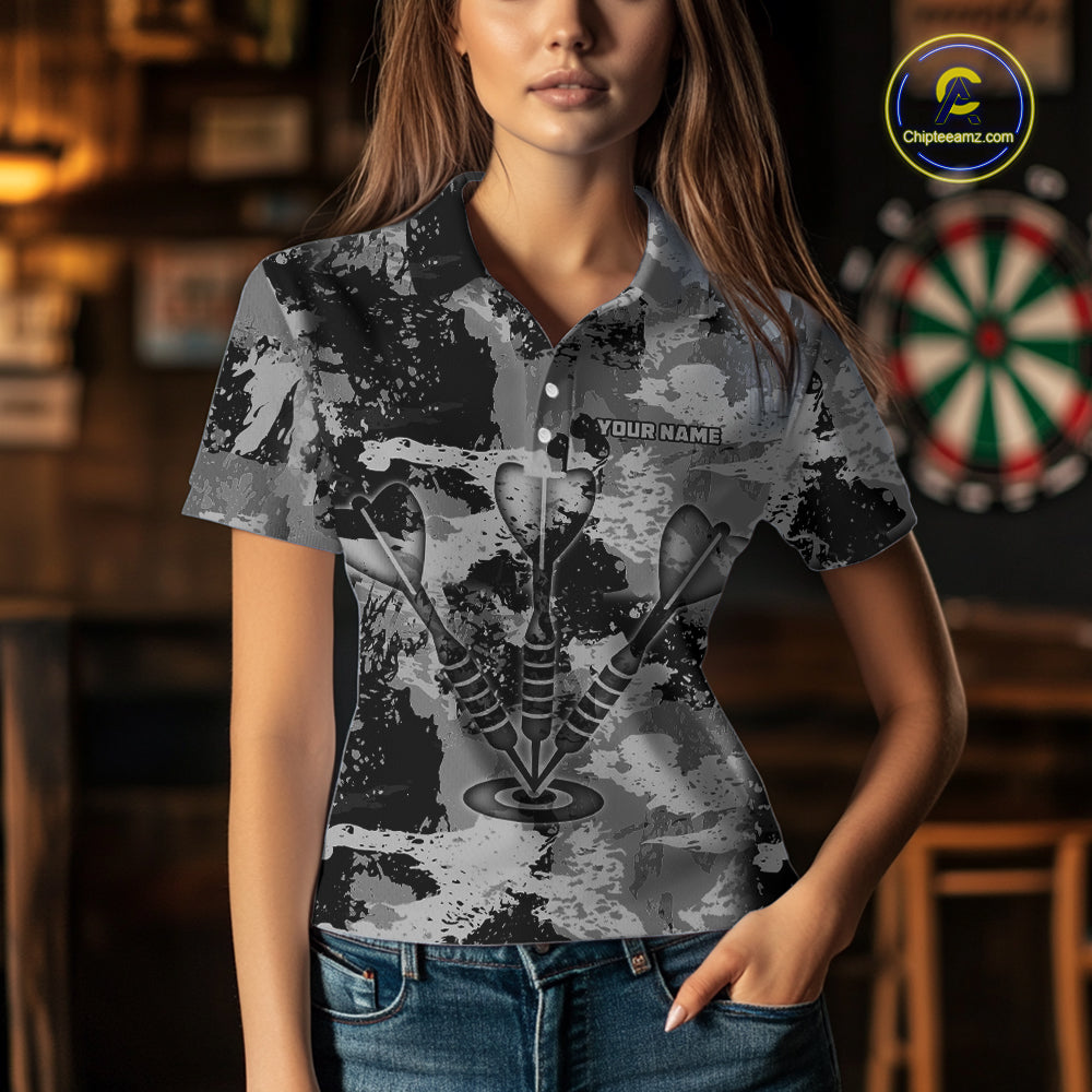Custom Grunge Grey Camo Arrow Darts Shirts For Women, Retro Darts Jersey Team Polo & 1/4 Zip TDM5665