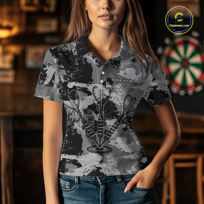 Custom Grunge Grey Camo Arrow Darts Shirts For Women, Retro Darts Jersey Team Polo & 1/4 Zip TDM5665