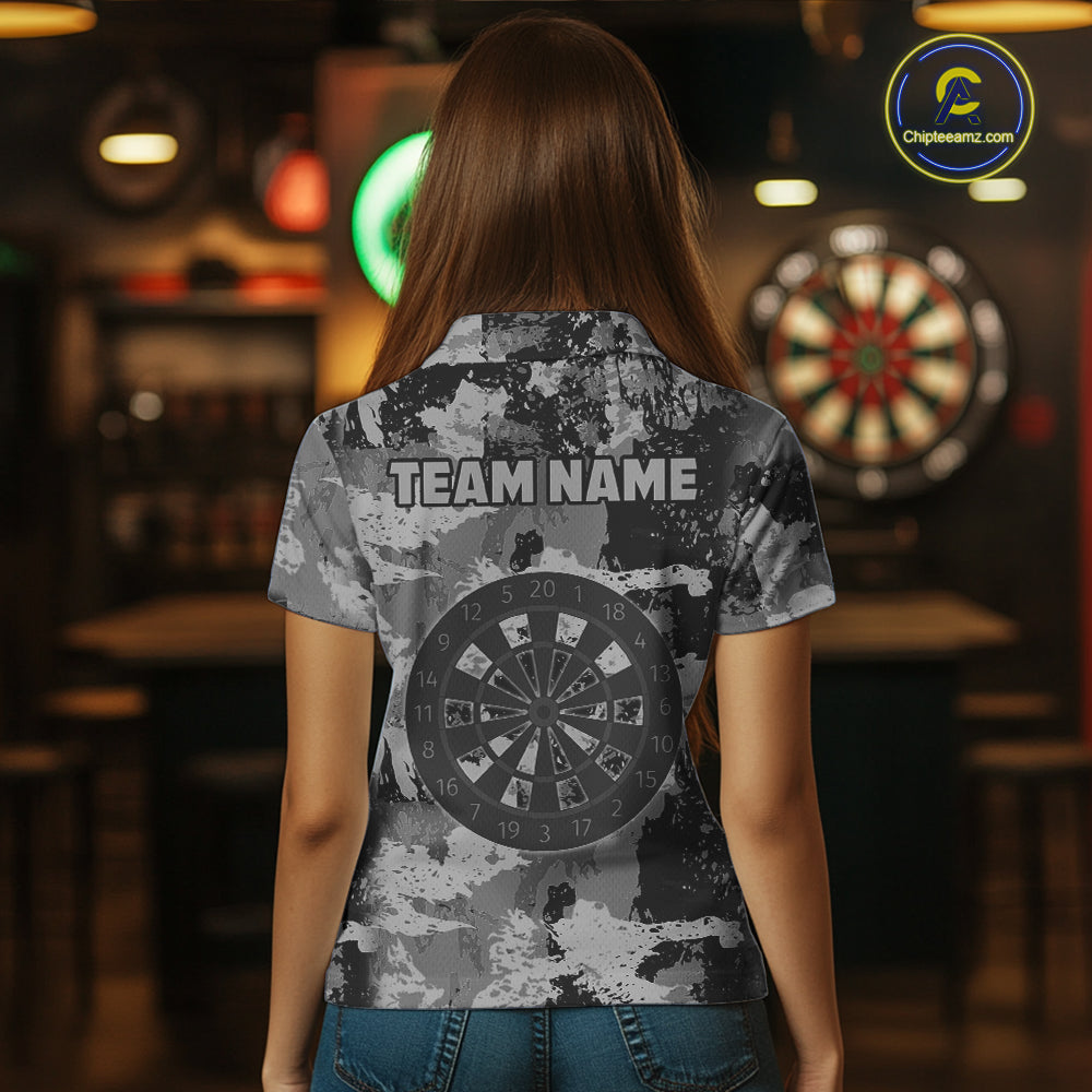 Custom Grunge Grey Camo Arrow Darts Shirts For Women, Retro Darts Jersey Team Polo & 1/4 Zip TDM5665