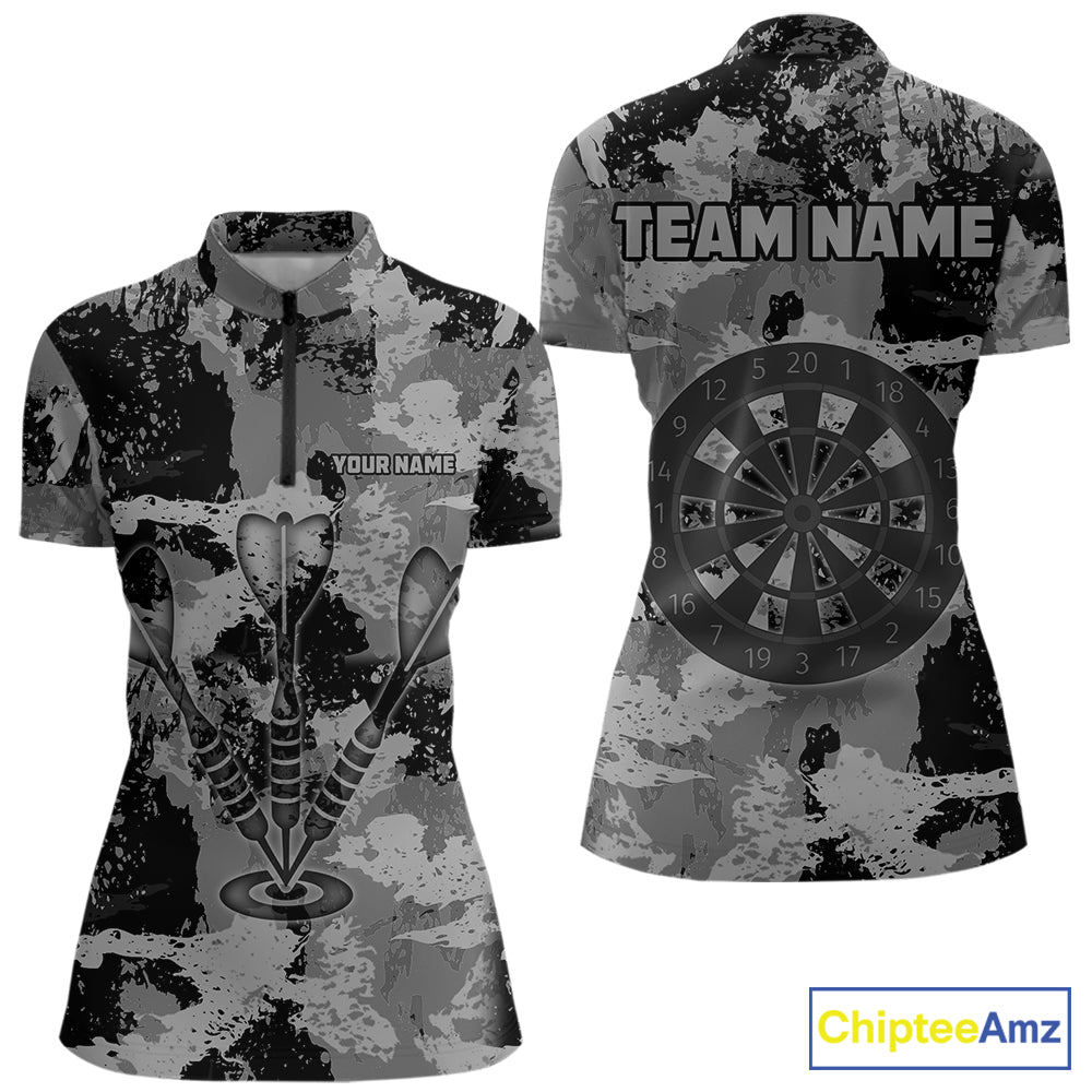 Custom Grunge Grey Camo Arrow Darts Shirts For Women, Retro Darts Jersey Team Polo & 1/4 Zip TDM5665