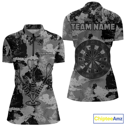 Custom Grunge Grey Camo Arrow Darts Shirts For Women, Retro Darts Jersey Team Polo & 1/4 Zip TDM5665