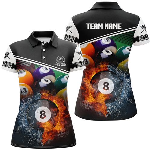 Custom Billiard 8 Ball In Fire And Water 3D Black Polo Shirts For Women, Gifts For Billiard Player TDM1384