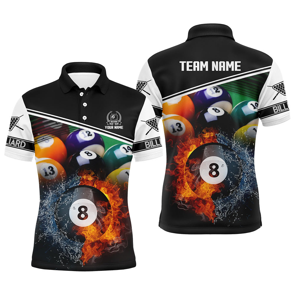Custom Billiard 8 Ball In Fire And Water 3D Black Polo Shirts For Men, Gifts For Billiard Player TDM1384