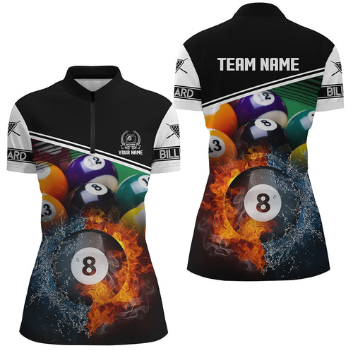 Custom Billiard 8 Ball Water Fire 3D Black Women Quarter-Zip Shirt, Gift For Billiard Player TDM1384