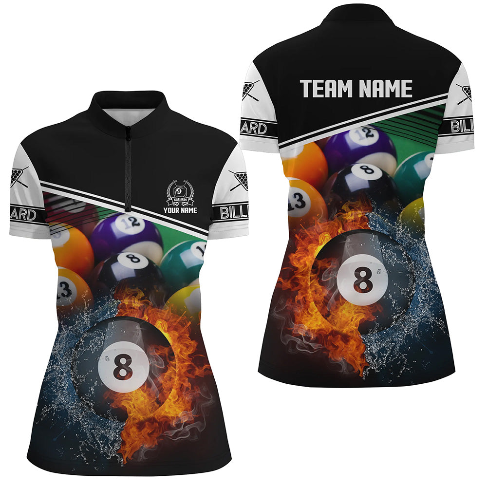 Custom Billiard 8 Ball Water Fire 3D Black Women Quarter-Zip Shirt, Gift For Billiard Player TDM1384