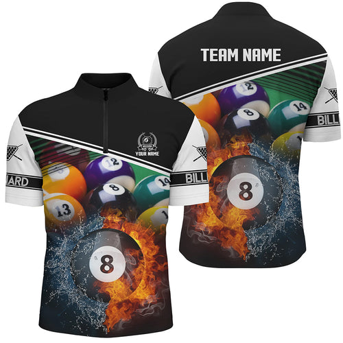 Custom Billiard 8 Ball Water Fire 3D Black Men Quarter-Zip Shirt, Gift For Billiard Player TDM1384
