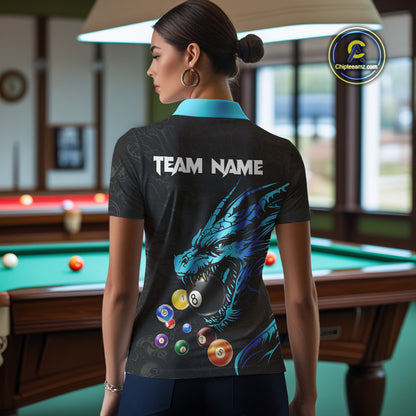 Personalized Black And Blue Dragon Billiard Balls Pool Shirts For Women, Billiard League Team Jersey TDM3852