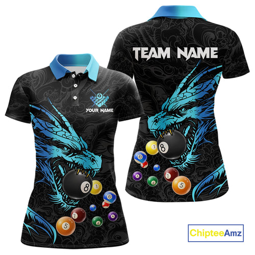 Personalized Black And Blue Dragon Billiard Balls Pool Shirts For Women, Billiard League Team Jersey TDM3852
