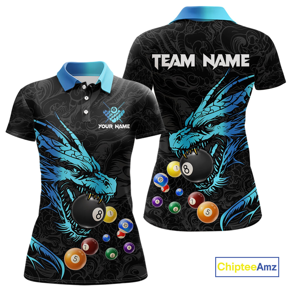 Personalized Black And Blue Dragon Billiard Balls Pool Shirts For Women, Billiard League Team Jersey TDM3852