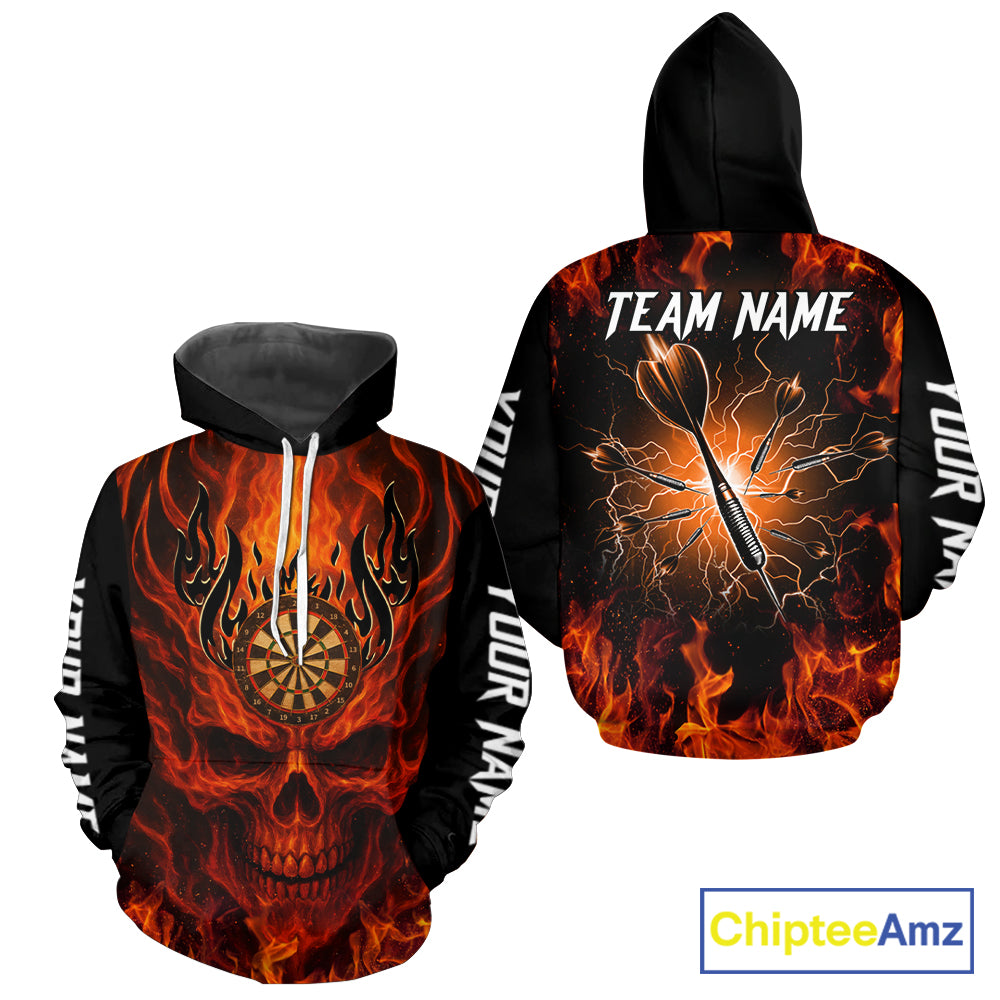 Orange Flaming Skull Lightning Darts Hoodie Shirt For Men And Women Custom Darts Team Jersey TDM3856