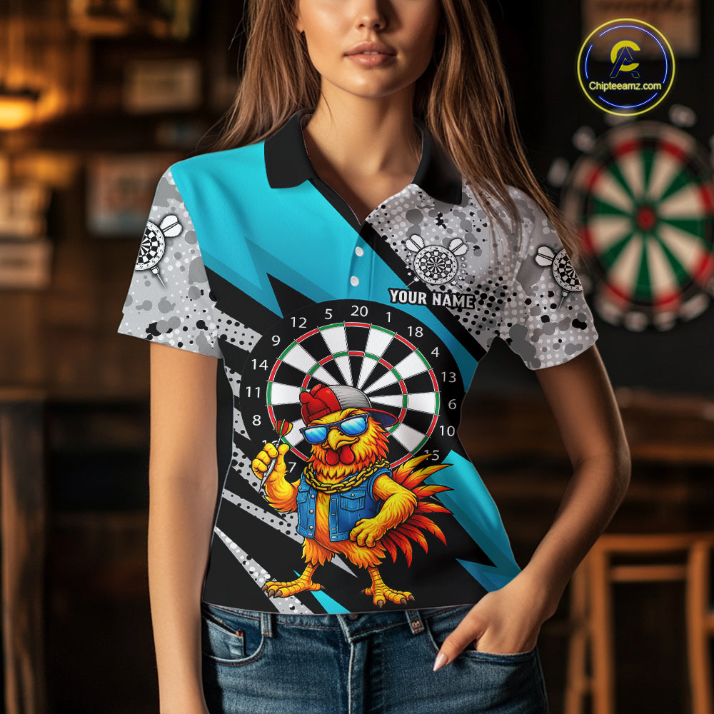 Personalized Rooster Funny Darts Shirt For Women Custom Darts Team Jersey Polo & 1/4 Zip |Blue TDM6279