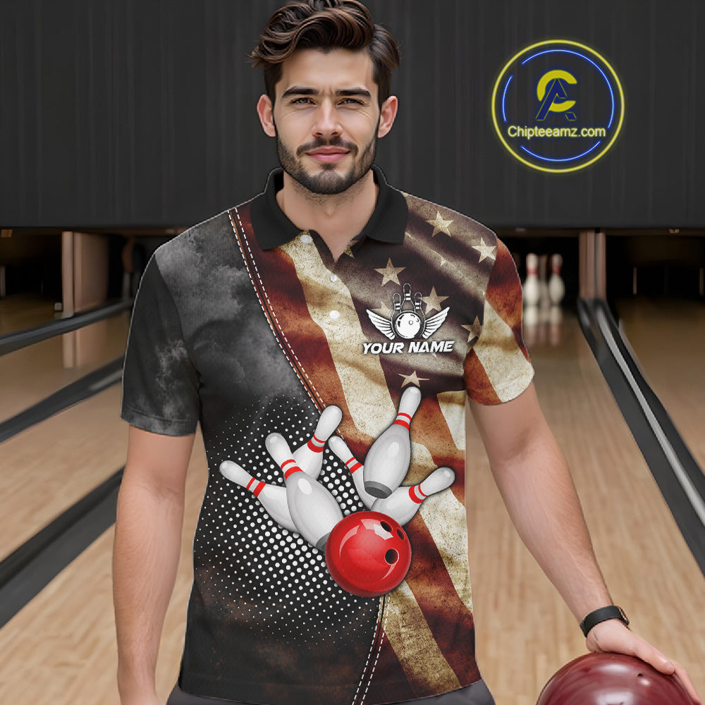 Man wearing a retro American flag bowling polo shirt at a bowling alley front view.