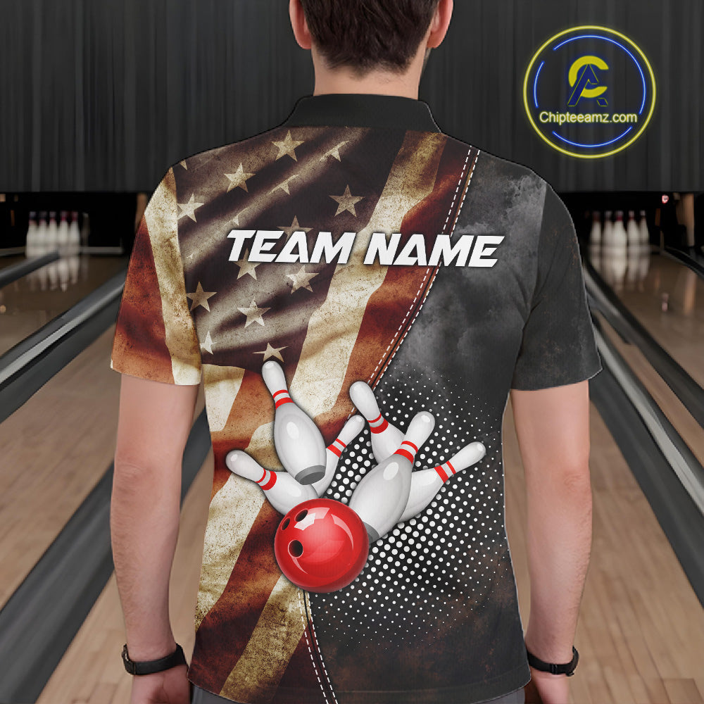 Back view of man wearing a retro American flag bowling polo shirt inside a bowling alley.