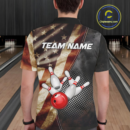 Back view of man wearing a retro American flag bowling polo shirt inside a bowling alley.