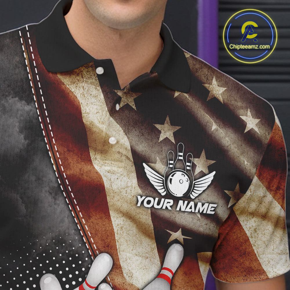 Close-up of a retro American flag bowling polo shirt collar, buttons, and patriotic artwork.