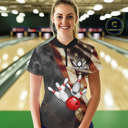 Woman wearing a retro American flag bowling quarter zip jersey during tournament play front view.