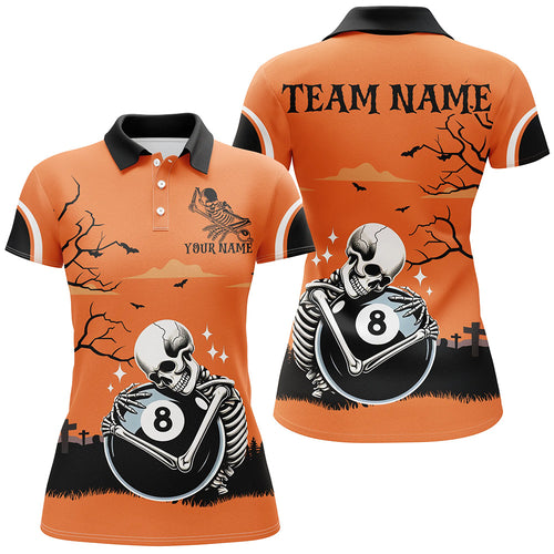 Funny Skeleton Hugging 8 Ball Pool Custom Orange Halloween Women Billiard Shirts Halloween Outfit TDM2682