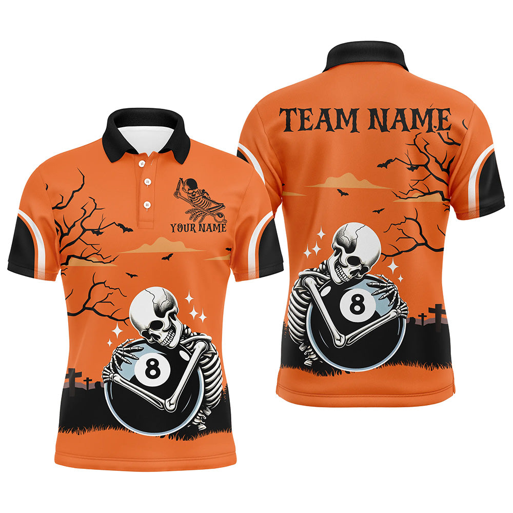 Funny Skeleton Hugging 8 Ball Pool Custom Orange Halloween Billiard Shirts For Men Halloween Outfit TDM2682