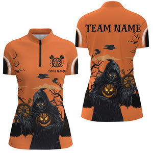 Halloween Spook Night Death Skeleton Custom Darts Shirts For Women, Orange Scary Dart Jerseys TDM2686