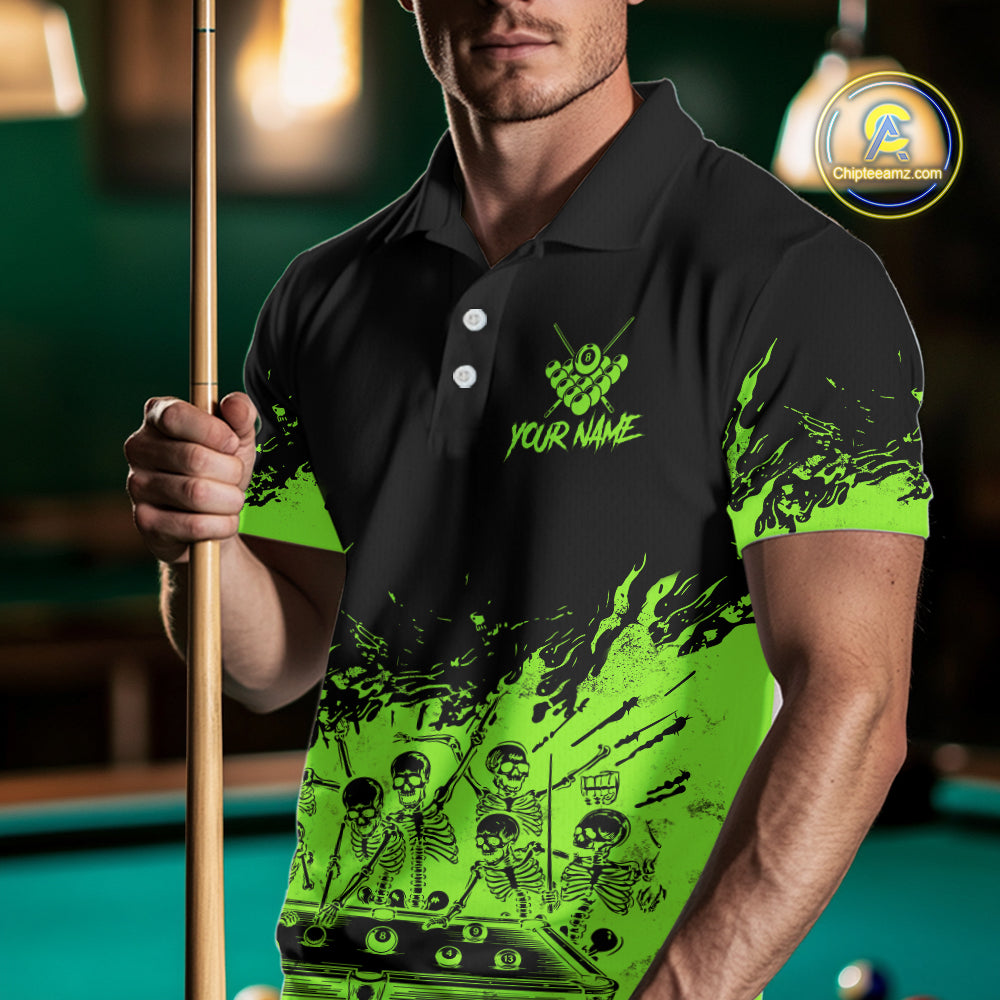 Black And Green Funny Skeleton Billiard Shirts For Men Custom 8 Ball Pool Billiard Team Jersey TDM7791