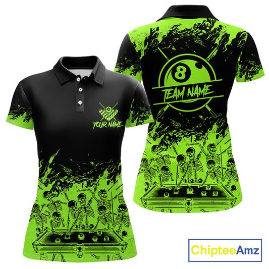 Black And Green Funny Skeleton Billiard Shirts For Women Custom 8 Ball Pool Billiard Team Jersey TDM7791