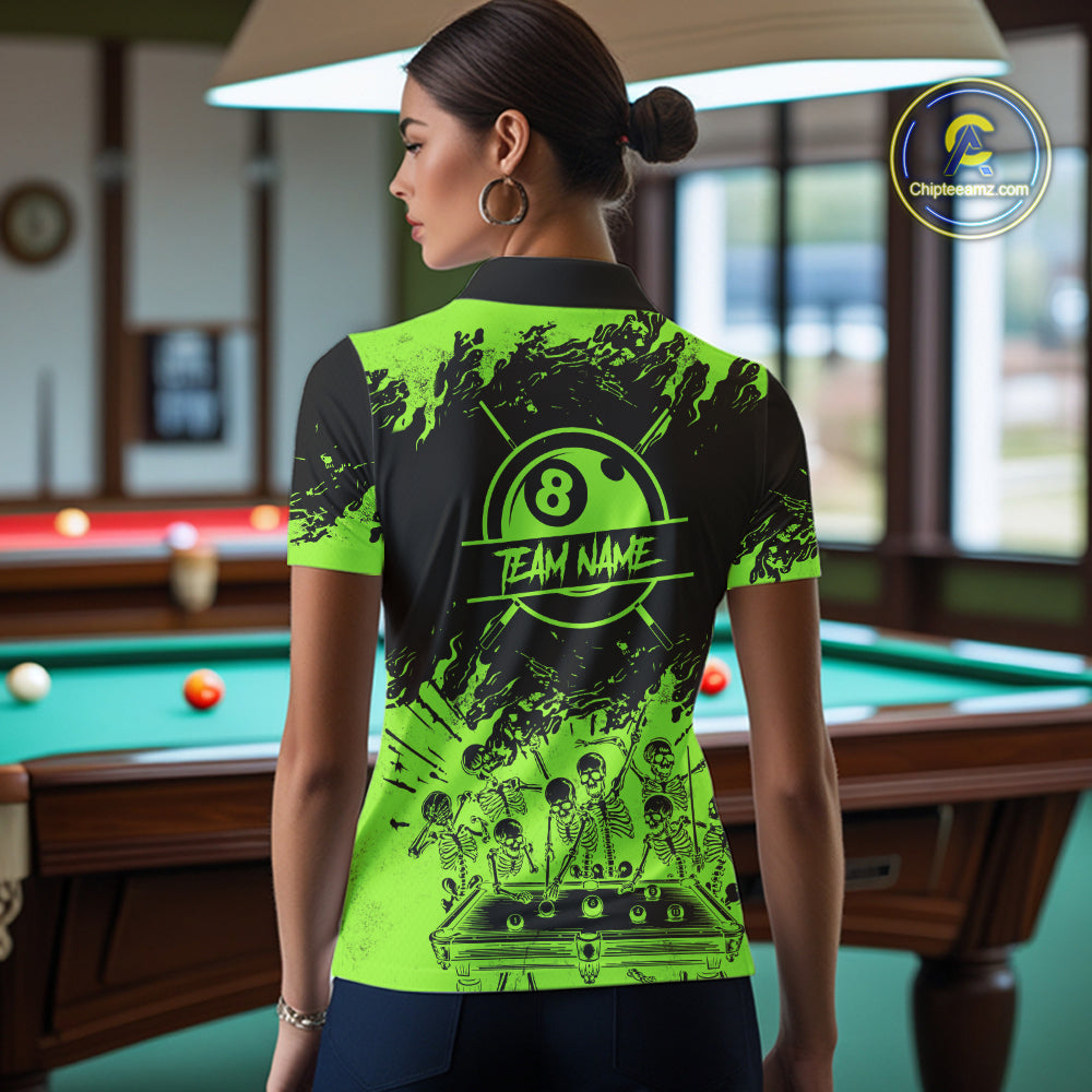 Black And Green Funny Skeleton Billiard Shirts For Women Custom 8 Ball Pool Billiard Team Jersey TDM7791