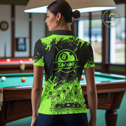 Black And Green Funny Skeleton Billiard Shirts For Women Custom 8 Ball Pool Billiard Team Jersey TDM7791