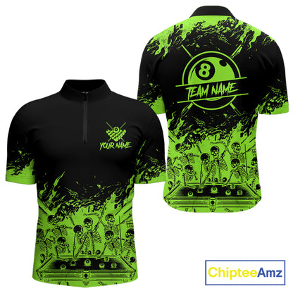 Black And Green Funny Skeleton Billiard Shirts For Men Custom 8 Ball Pool Billiard Team Jersey TDM7791