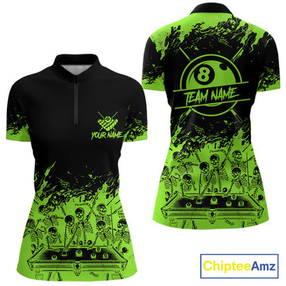 Black And Green Funny Skeleton Billiard Shirts For Women Custom 8 Ball Pool Billiard Team Jersey TDM7791