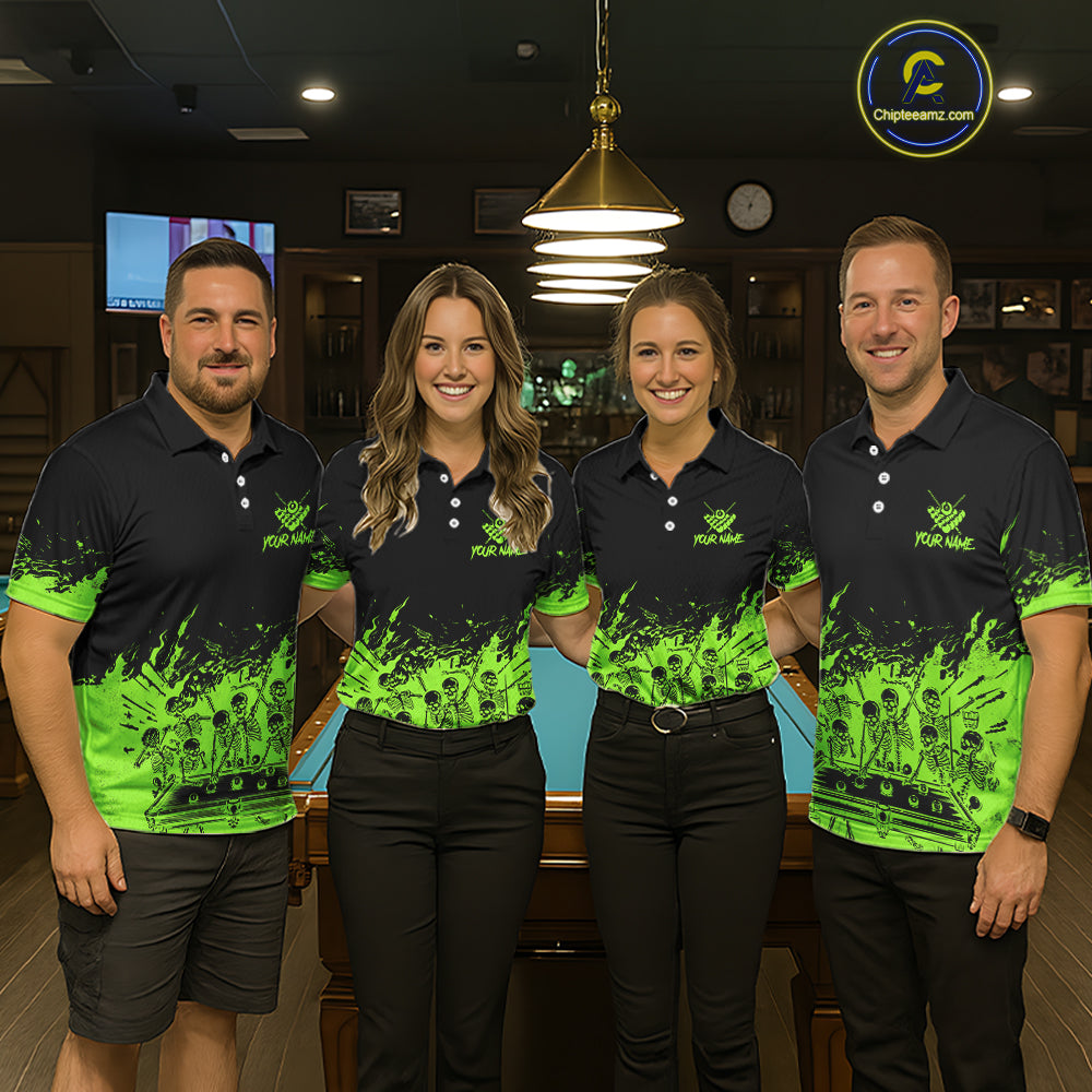 Black And Green Funny Skeleton Billiard Shirts For Men Custom 8 Ball Pool Billiard Team Jersey TDM7791