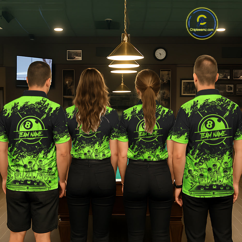 Black And Green Funny Skeleton Billiard Shirts For Women Custom 8 Ball Pool Billiard Team Jersey TDM7791