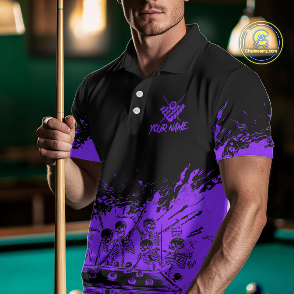 Black And Purple Funny Skeleton Billiard Shirts For Men Custom 8 Ball Pool Billiard Team Jersey TDM7792