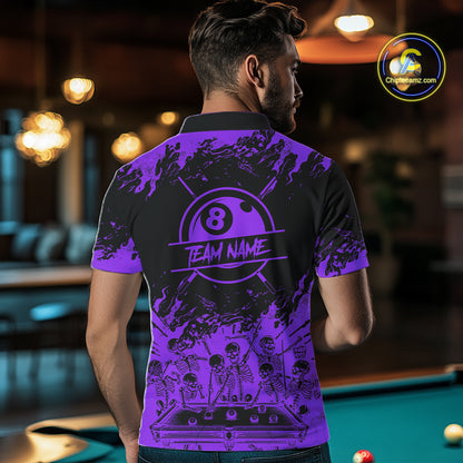 Black And Purple Funny Skeleton Billiard Shirts For Men Custom 8 Ball Pool Billiard Team Jersey TDM7792