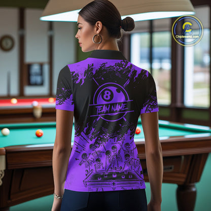 Black And Purple Funny Skeleton Billiard Shirts For Women Custom 8 Ball Pool Billiard Team Jersey TDM7792