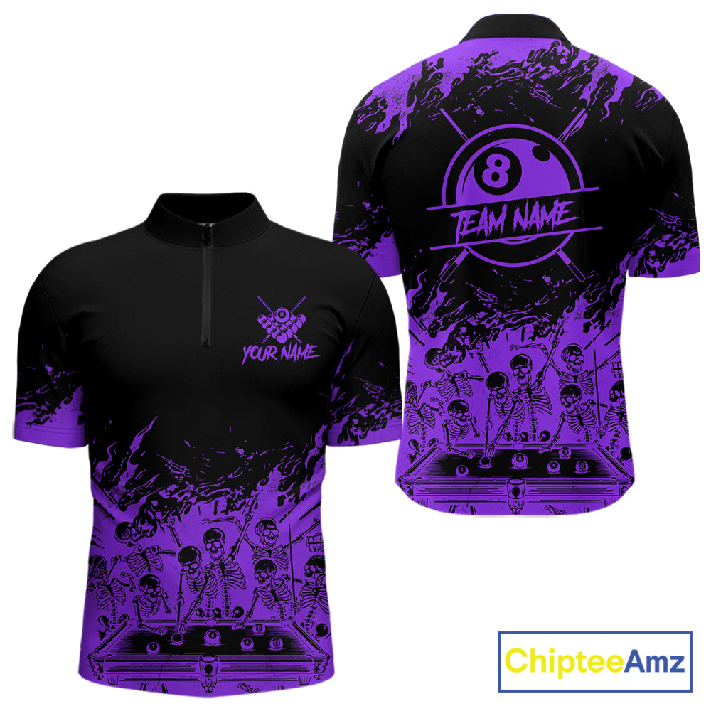 Black And Purple Funny Skeleton Billiard Shirts For Men Custom 8 Ball Pool Billiard Team Jersey TDM7792