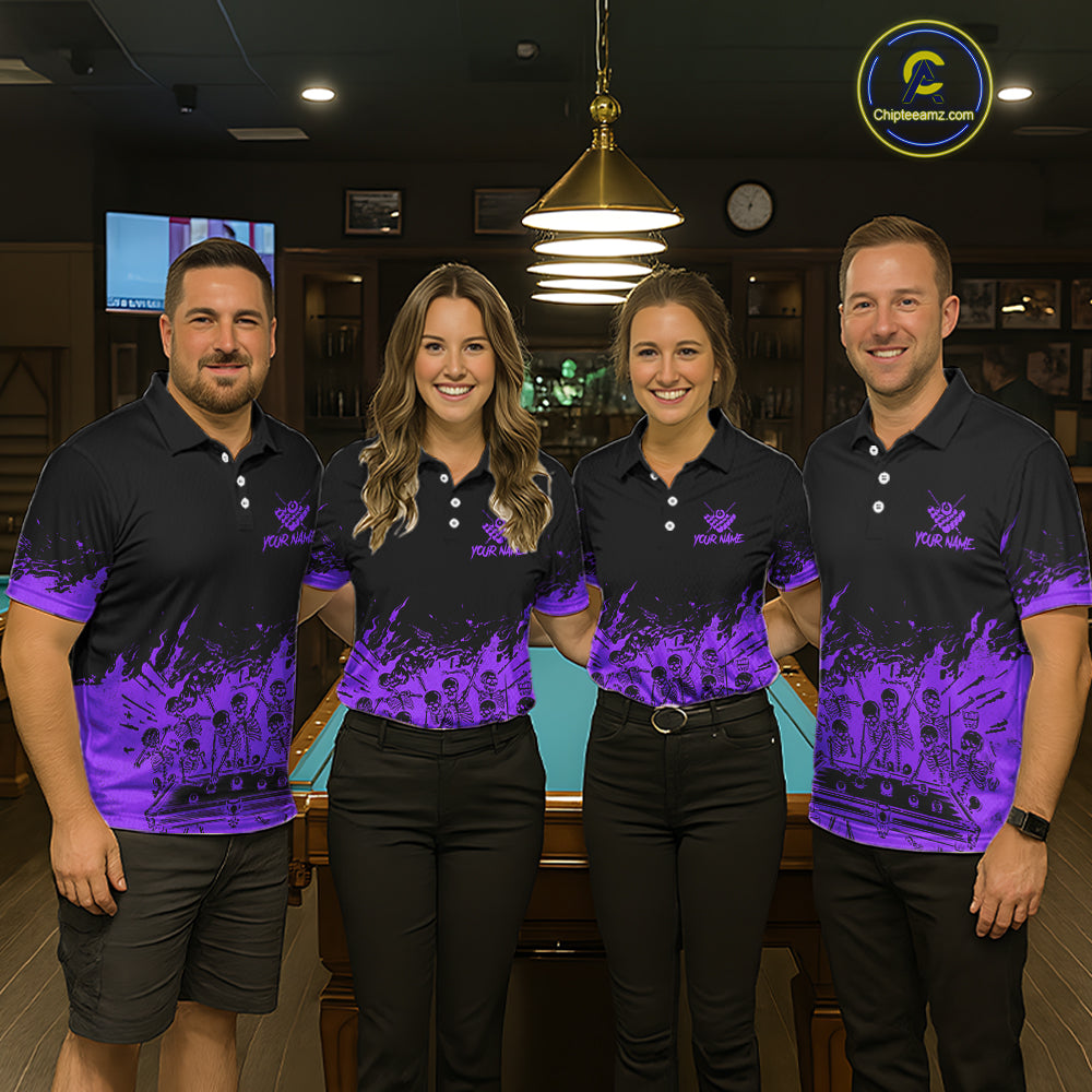 Black And Purple Funny Skeleton Billiard Shirts For Men Custom 8 Ball Pool Billiard Team Jersey TDM7792