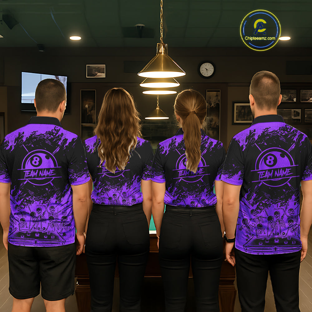 Black And Purple Funny Skeleton Billiard Shirts For Men Custom 8 Ball Pool Billiard Team Jersey TDM7792