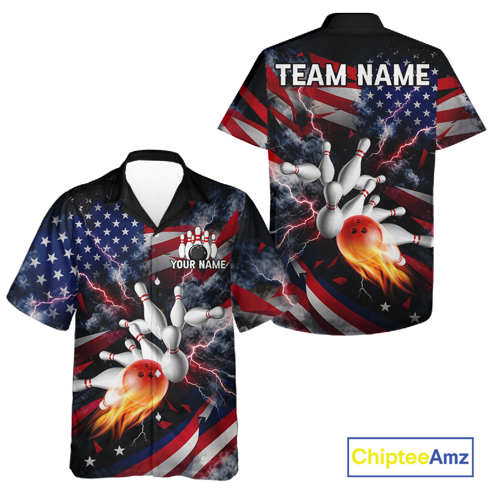 Lightning Black American Flag Flame Bowling Hawaiian Shirt Custom Patriotic Bowling Team Button Up Jersey TDM7797