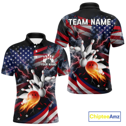 Lightning Black American Flag Flame Bowling Jersey For Men Custom Patriotic Bowling Team Shirts TDM7797