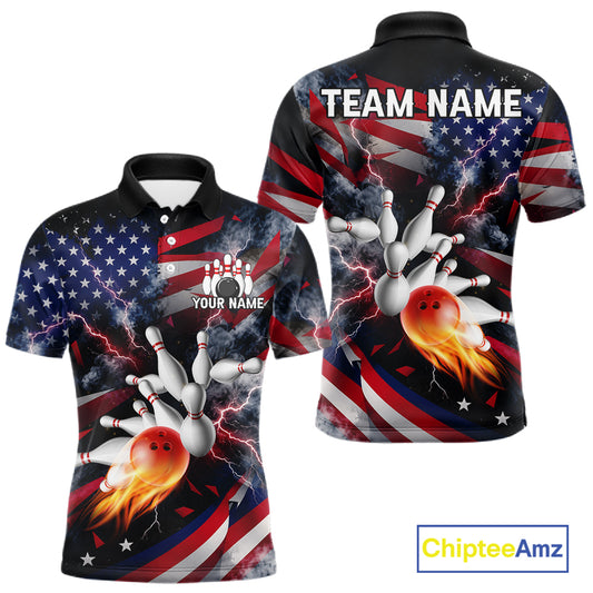 Lightning Black American Flag Flame Bowling Jersey For Men Custom Patriotic Bowling Team Shirts TDM7797