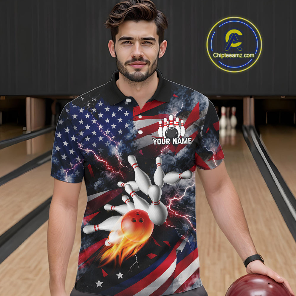Lightning Black American Flag Flame Bowling Jersey For Men Custom Patriotic Bowling Team Shirts TDM7797