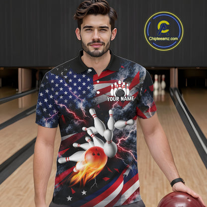 Lightning Black American Flag Flame Bowling Jersey For Men Custom Patriotic Bowling Team Shirts TDM7797