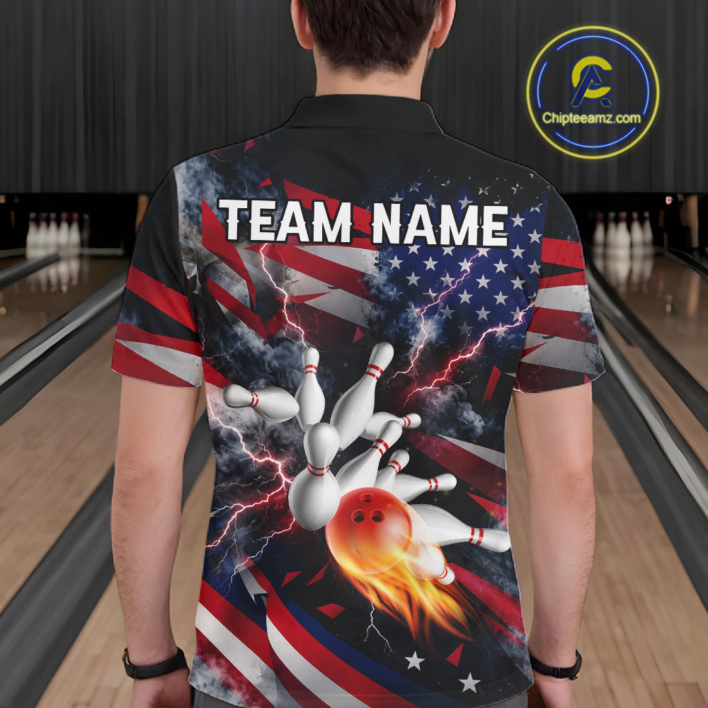 Lightning Black American Flag Flame Bowling Jersey For Men Custom Patriotic Bowling Team Shirts TDM7797