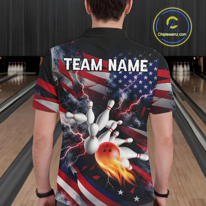 Lightning Black American Flag Flame Bowling Jersey For Men Custom Patriotic Bowling Team Shirts TDM7797