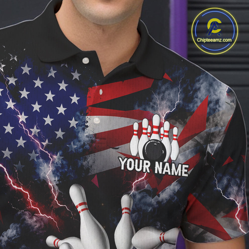 Lightning Black American Flag Flame Bowling Jersey For Men Custom Patriotic Bowling Team Shirts TDM7797