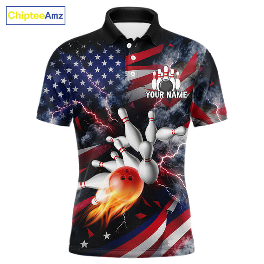 Lightning Black American Flag Flame Bowling Jersey For Men Custom Patriotic Bowling Team Shirts TDM7797