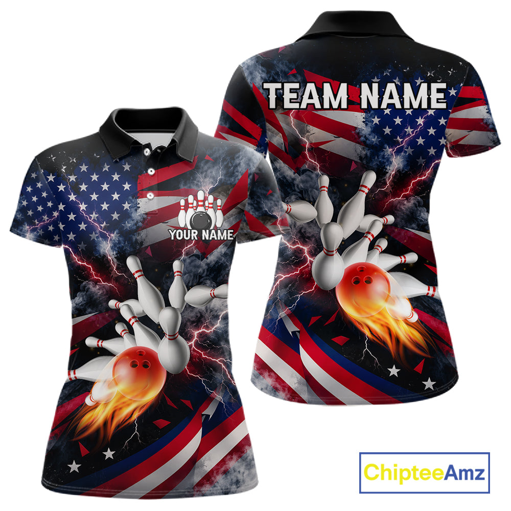 Lightning Black American Flag Flame Bowling Jersey For Women Custom Patriotic Bowling Team Shirts TDM7797