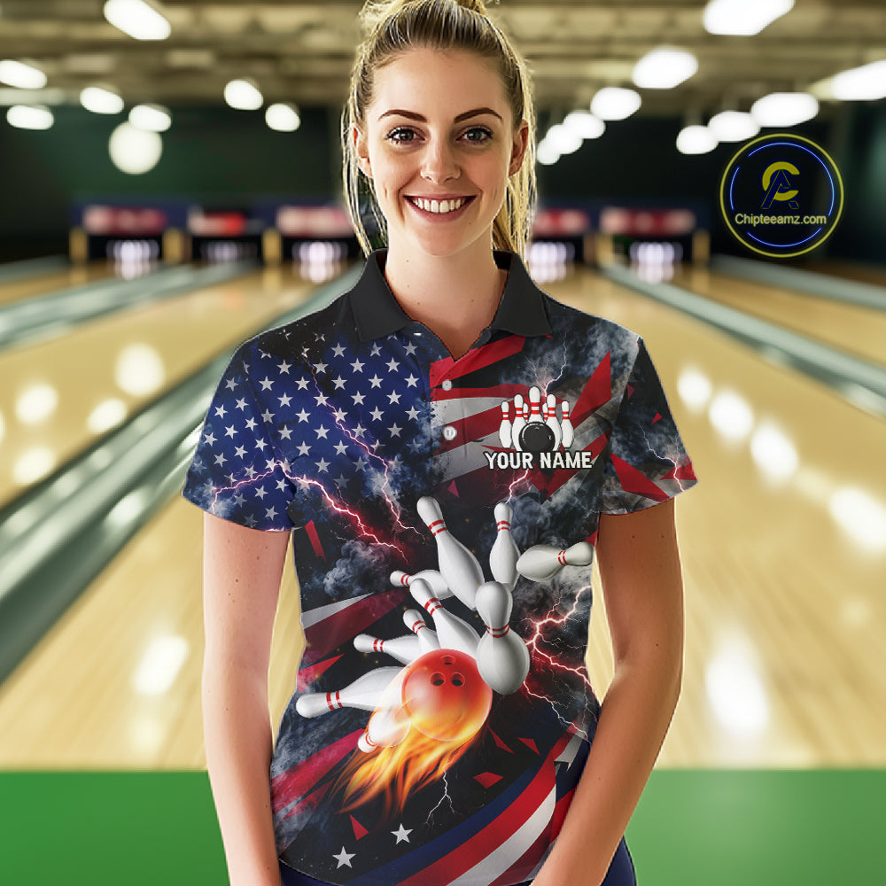 Lightning Black American Flag Flame Bowling Jersey For Women Custom Patriotic Bowling Team Shirts TDM7797