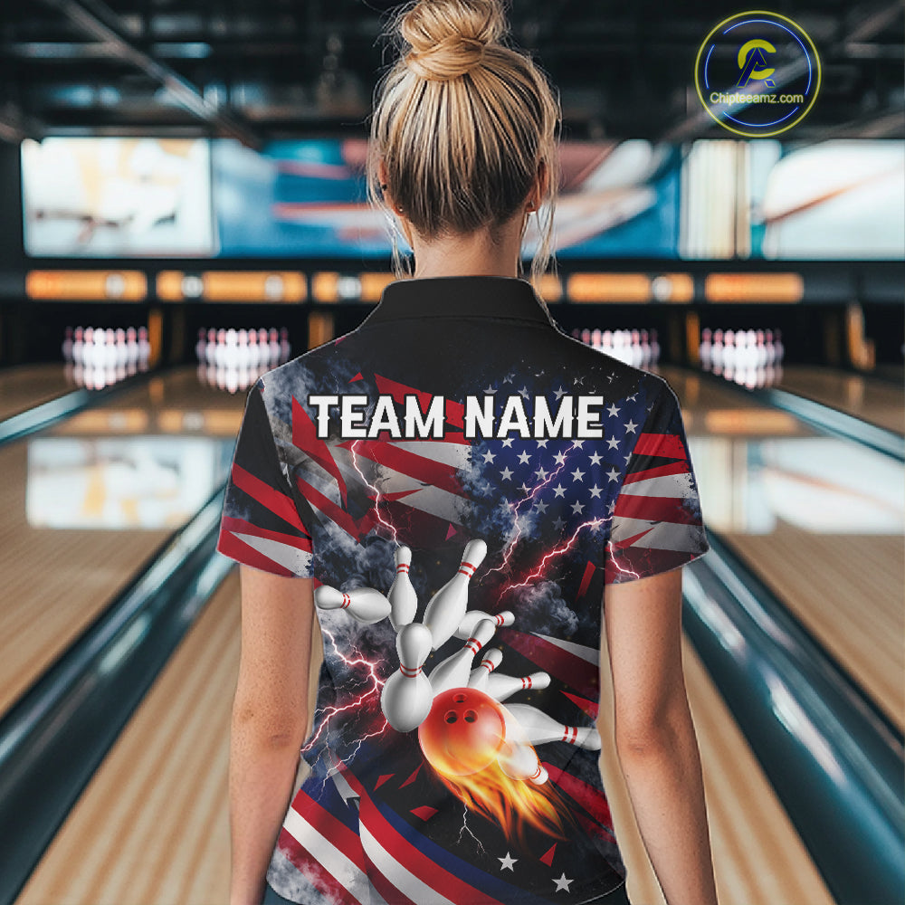Lightning Black American Flag Flame Bowling Jersey For Women Custom Patriotic Bowling Team Shirts TDM7797